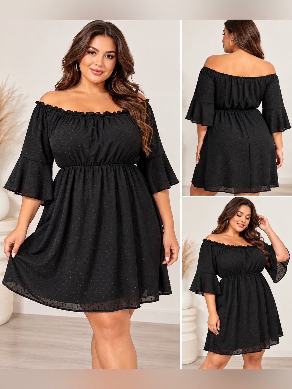 🖤 SHEIN Curve 3X Plus Black Swiss Dot Off-Shoulder Ruffle Sleeve Mini Dress — NW